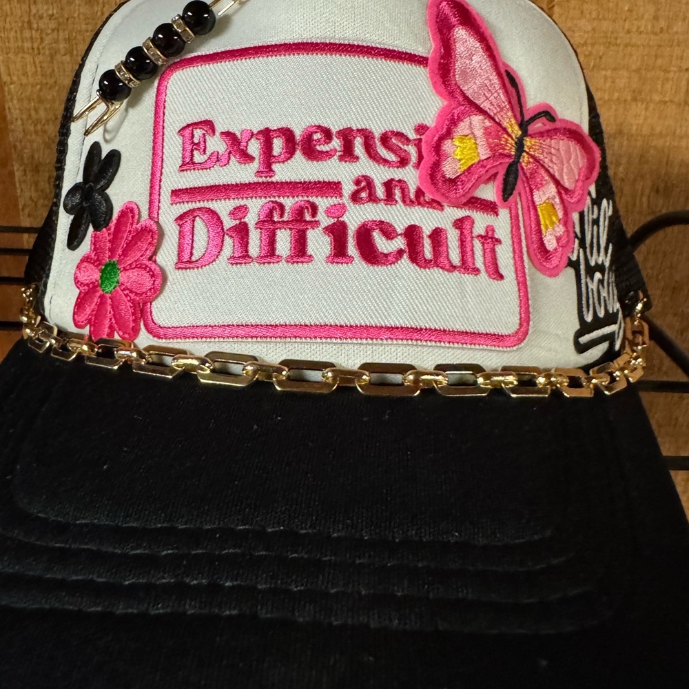 Black and White Embroidered Cap with Pink Accents